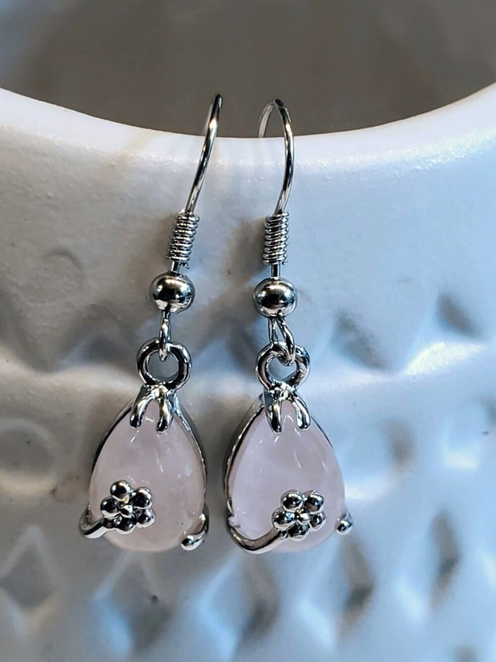 Little Teardrop Rose Quartz Gemstone Platinum Plated Handcrafted Earrings - Picture 6 of 10